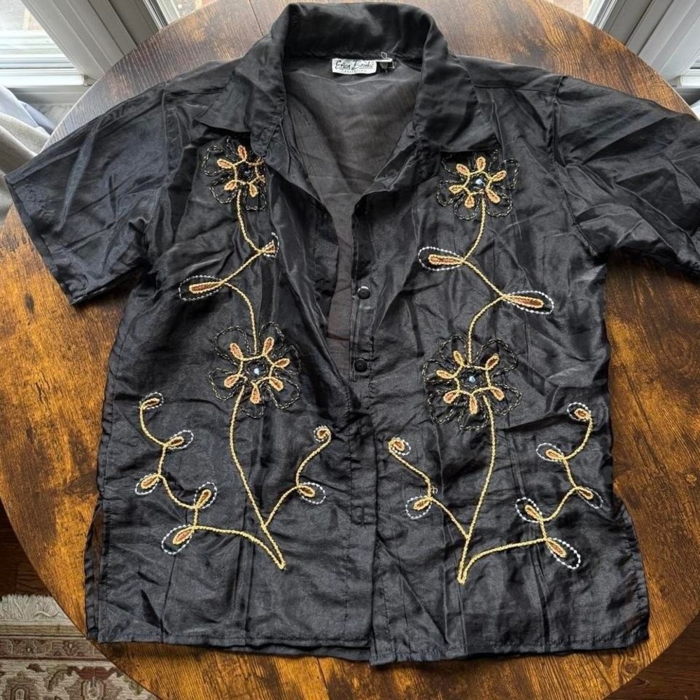 Erin London Women's Sheer Button Up‎ Blouse Black Embroidered Floral Size 14